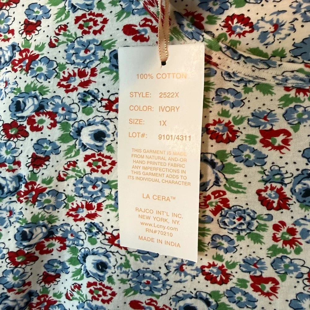 La Cera Women 1X Floral Cotton Knit Short Sleeve Shift Dress Red Blue Cotagecore